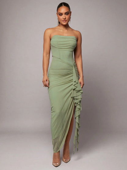Silquee Teal Summer Elegant Tropical Cocktail Maxi Dress, Ruffle High Slit Bodycon Party Dresses For Women,Valentine's Day,Wedding Guest,Prom,Date
