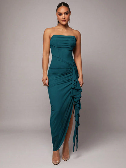 Silquee Teal Summer Elegant Tropical Cocktail Maxi Dress, Ruffle High Slit Bodycon Party Dresses For Women,Valentine's Day,Wedding Guest,Prom,Date