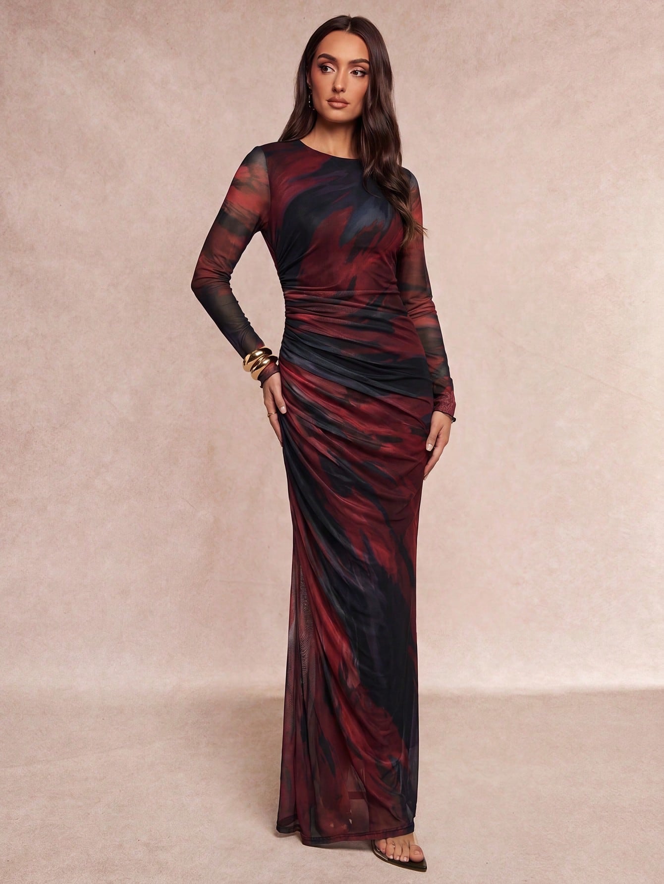 Silquee Women's Elegant Floral Print Pleated Round Neck Long Sleeve Mermaid Hem Dress Elegant Dresses For Women Work Outfits For Women Dresses For Holiday