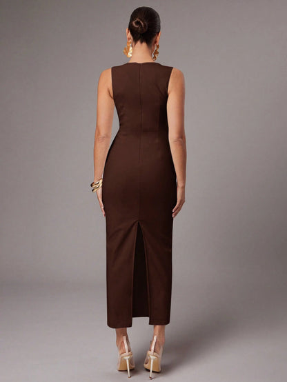 Silquee Women's Solid Color Asymmetric Neck Ruched Fitted Dress, Elegant