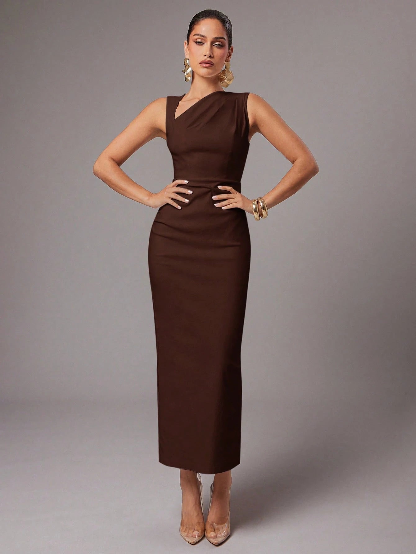 Silquee Women's Solid Color Asymmetric Neck Ruched Fitted Dress, Elegant