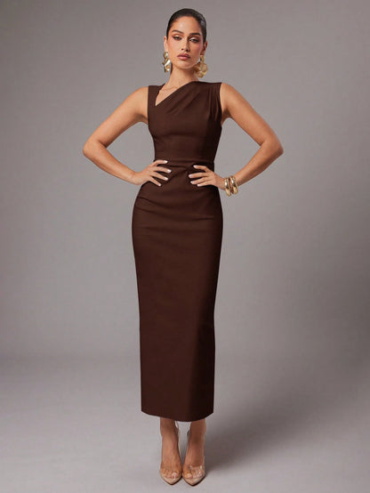 Silquee Women's Solid Color Asymmetric Neck Ruched Fitted Dress, Elegant