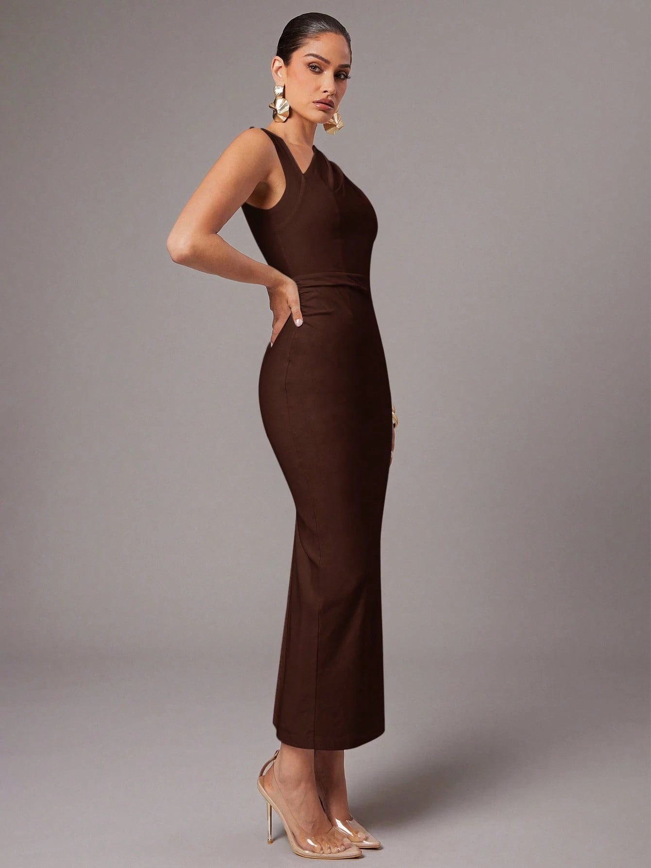 Silquee Women's Solid Color Asymmetric Neck Ruched Fitted Dress, Elegant