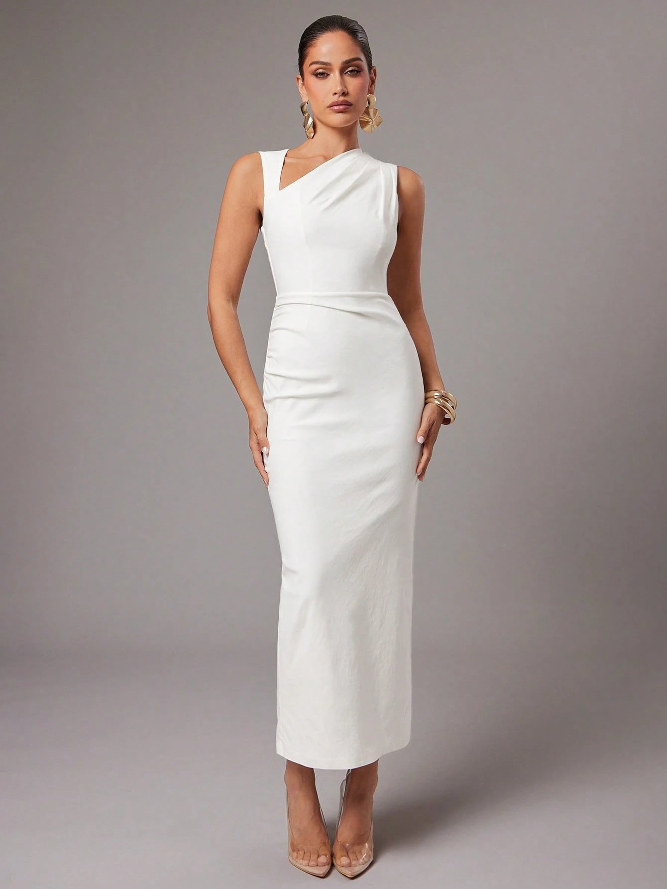 Silquee Women's Solid Color Asymmetric Neck Ruched Fitted Dress, Elegant