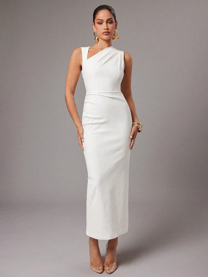 Silquee Women's Solid Color Asymmetric Neck Ruched Fitted Dress, Elegant