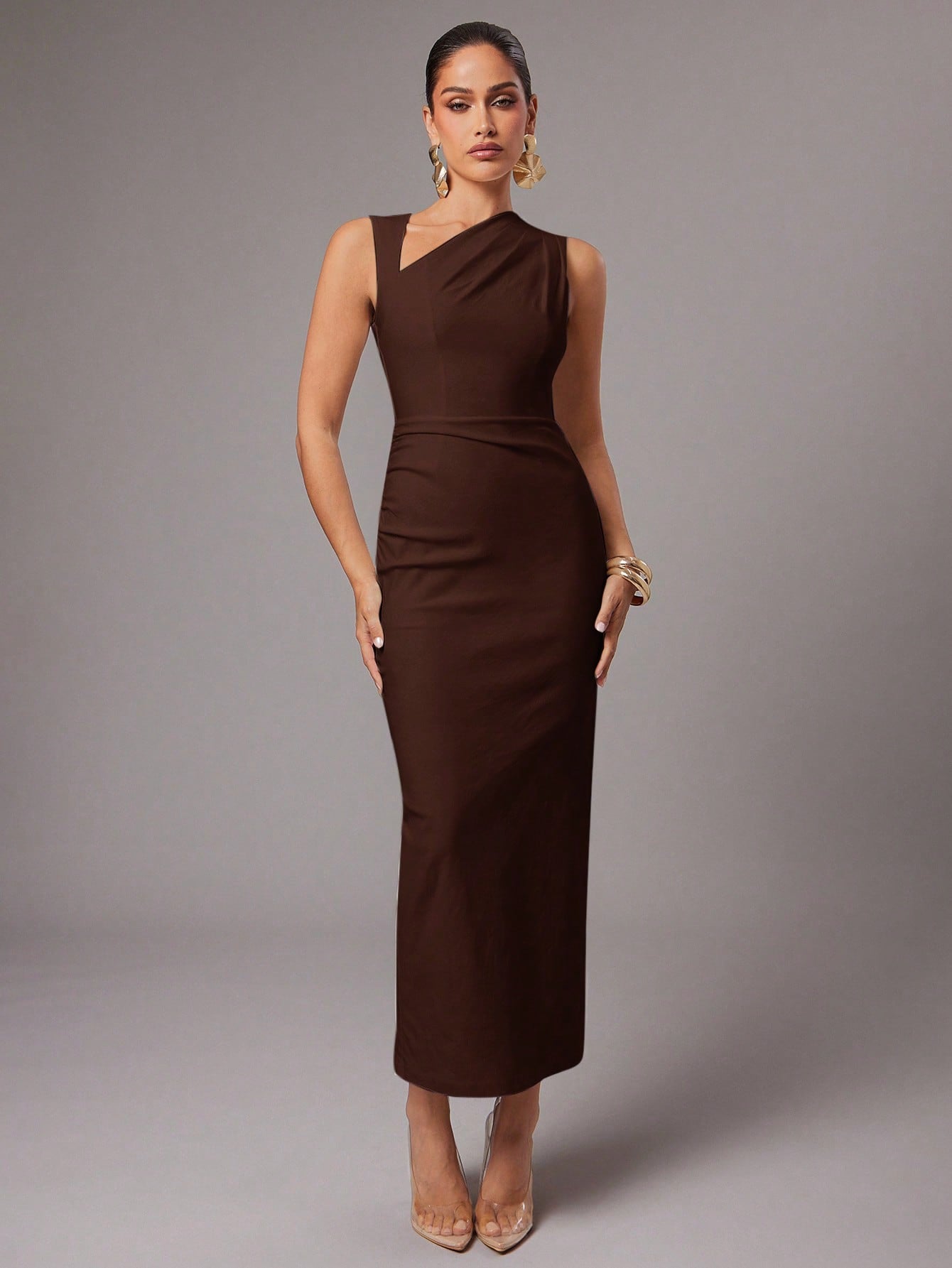 Silquee Women's Solid Color Asymmetric Neck Ruched Fitted Dress, Elegant