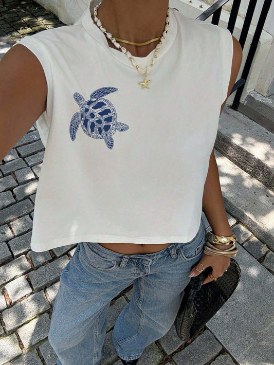 Siren Gaze Casual Minimalist Retro Elegant Versatile Warm Printed Pattern, Beach/Vacation, Women's Summer Sleeveless Round Neck Cropped Tank Top, Summer