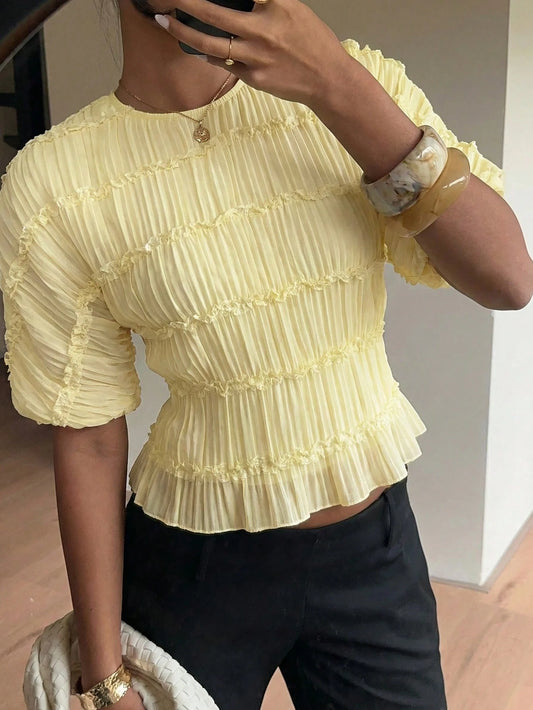 Siren Gaze Women's Pale Yellow Summer Elegant Lace Ruffle Crew Neck Blouse,Flare Sleeve Multi-Layer Ruffle Top,Cinched Waist Shirt For Brunch,Music Festivals