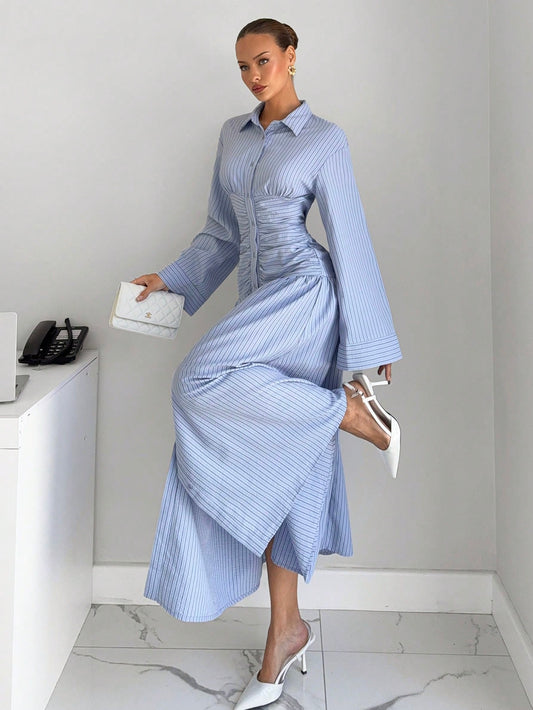 Siren Gaze Women's Striped Flare Sleeve Single-Breasted Ruched Shirt Dress,Light Blue And White Summer Elegant Office Modest Linen Long A-Line Dress