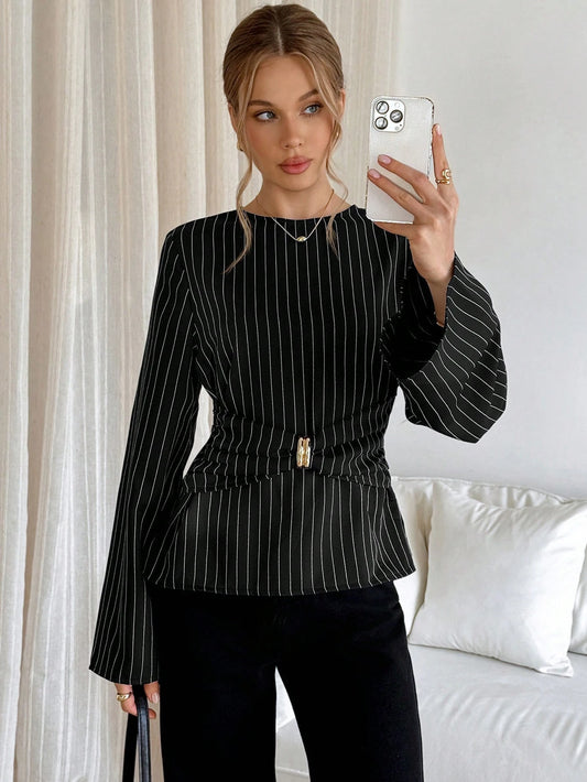 Siren Gaze Women's Striped Round Neck Long Sleeve Shirt With Metallic Waist Design, Elegant