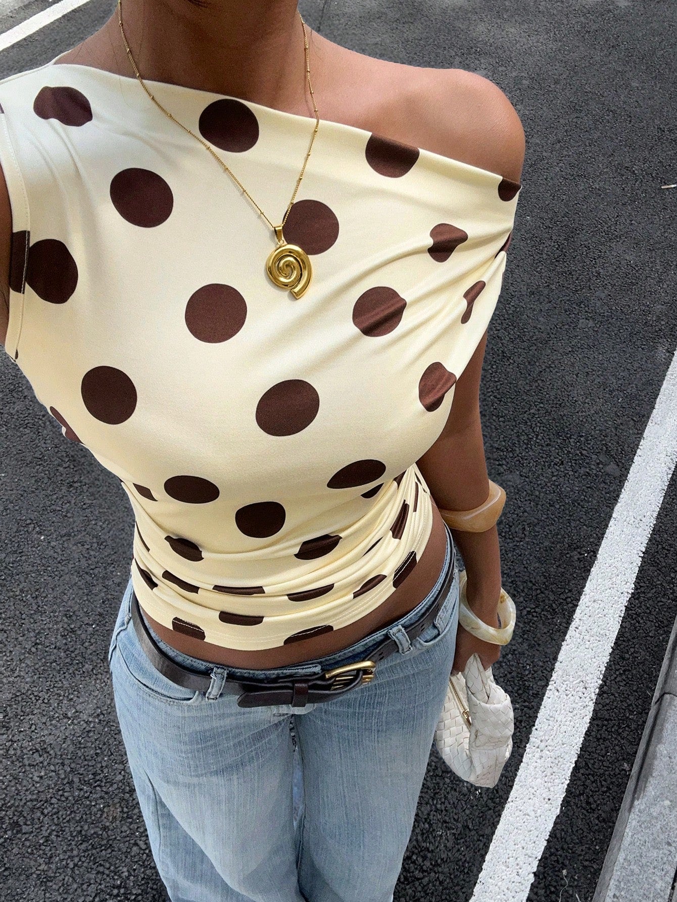 Siren Gaze Women's Summer Fashion Polka Dot Print Asymmetric Neckline Tank Top Everyday Date Brown And Cream French Vintage