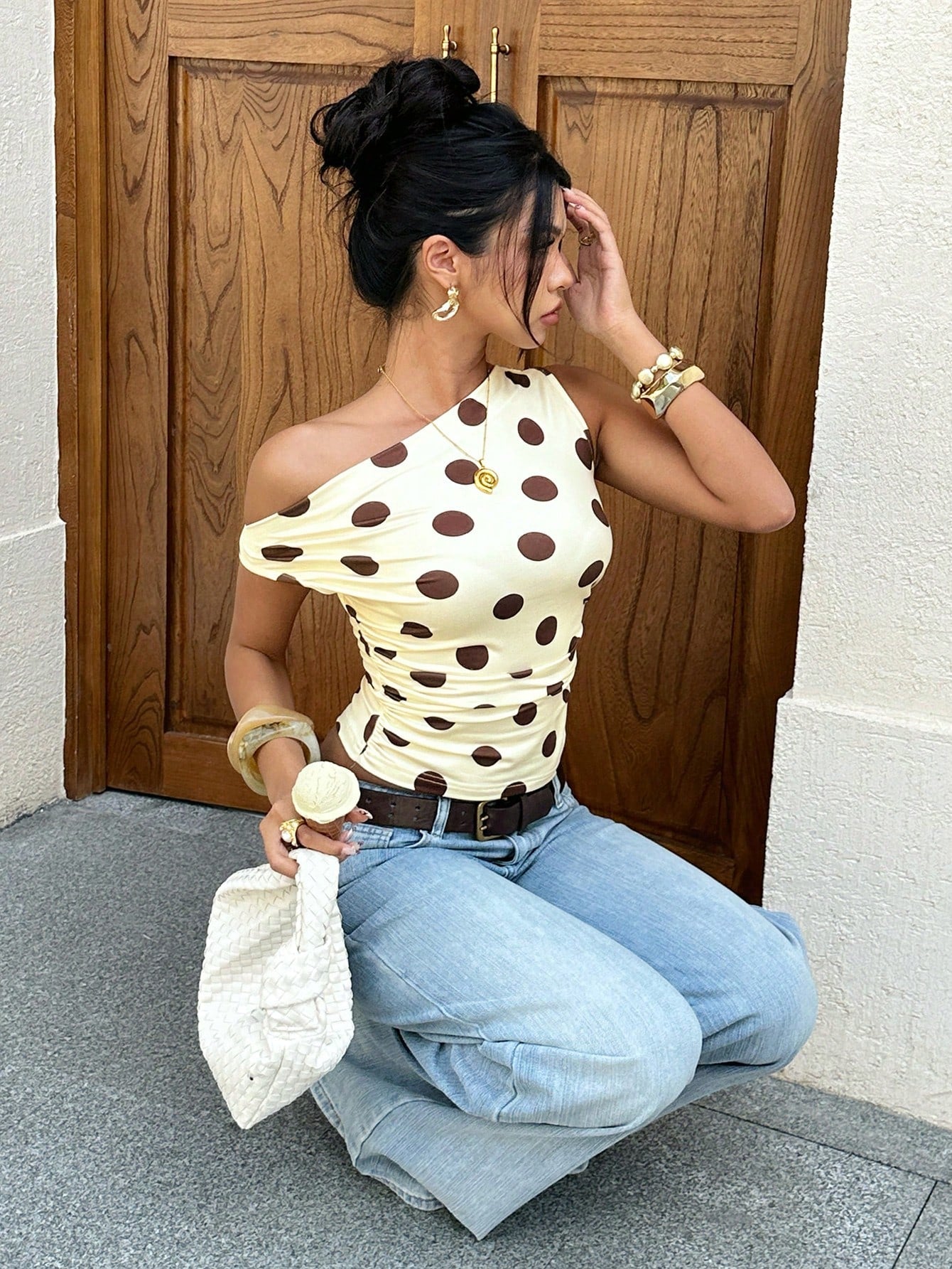 Siren Gaze Women's Summer Fashion Polka Dot Print Asymmetric Neckline Tank Top Everyday Date Brown And Cream French Vintage