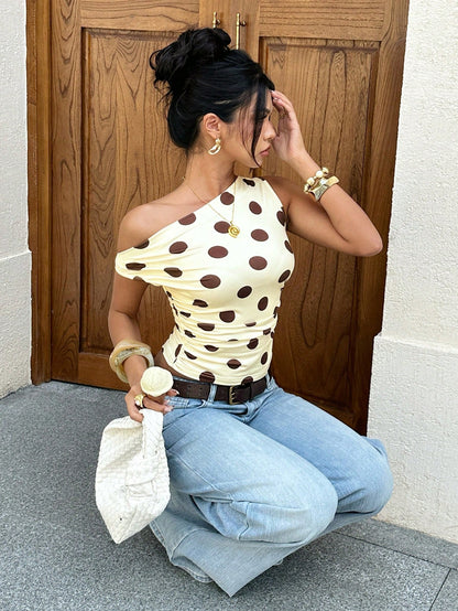 Siren Gaze Women's Summer Fashion Polka Dot Print Asymmetric Neckline Tank Top Everyday Date Brown And Cream French Vintage