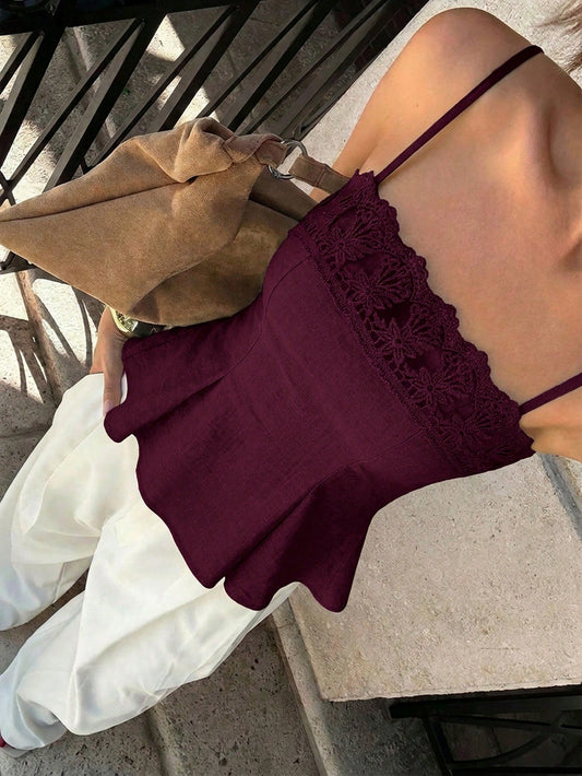 Siren Gaze Women's Summer Lace Patchwork Solid Color Ruffle Hem Camisole Date Beach Party Brunch Brunch Brunch Burgundy Elegant