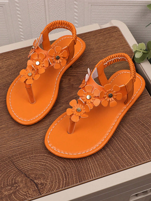 (Size Runs Small, Order One Size Up) 1 Pair Yellow Plus Size Girls' Flat Sandals, Solid Color PU Thong Strap With Metal Rhinestone Buckle, 4 Small Flower Decor, Elastic Slip-On Back, Round Toe Peep To