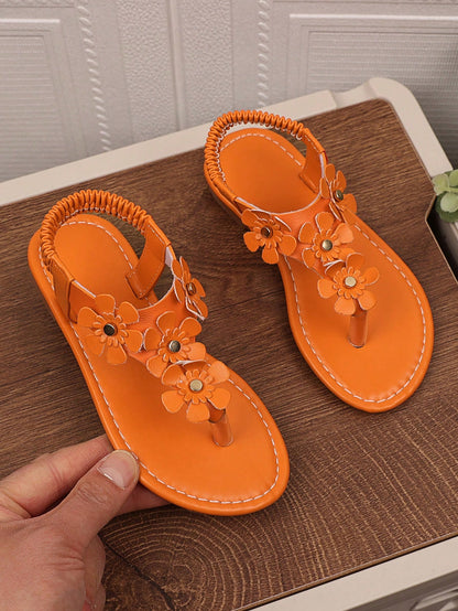 (Size Runs Small, Order One Size Up) 1 Pair Yellow Plus Size Girls' Flat Sandals, Solid Color PU Thong Strap With Metal Rhinestone Buckle, 4 Small Flower Decor, Elastic Slip-On Back, Round Toe Peep To