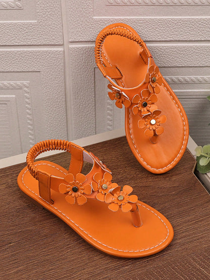 (Size Runs Small, Order One Size Up) 1 Pair Yellow Plus Size Girls' Flat Sandals, Solid Color PU Thong Strap With Metal Rhinestone Buckle, 4 Small Flower Decor, Elastic Slip-On Back, Round Toe Peep To