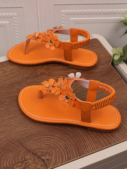 (Size Runs Small, Order One Size Up) 1 Pair Yellow Plus Size Girls' Flat Sandals, Solid Color PU Thong Strap With Metal Rhinestone Buckle, 4 Small Flower Decor, Elastic Slip-On Back, Round Toe Peep To