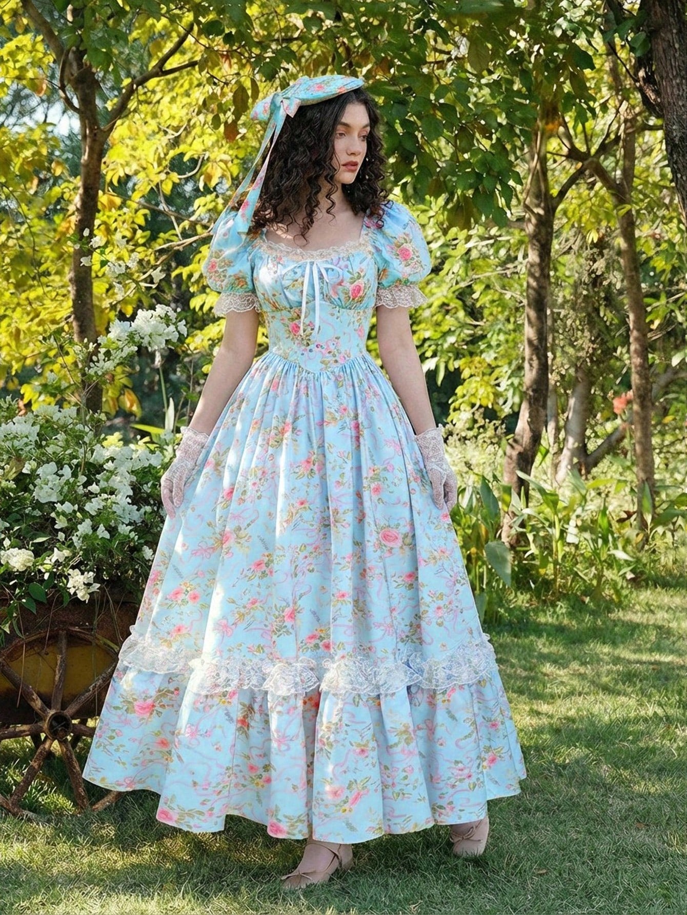 Skyraze Light Blue Floral Summer Casual Party Maxi Dress,Women Puff Sleeve Lace Ruffle Vintage Cottagecore Garden Picnic Fairycore Elegant Fashion