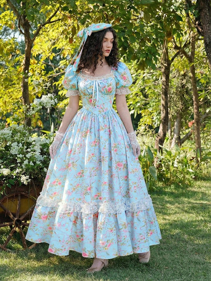 Skyraze Light Blue Floral Summer Casual Party Maxi Dress,Women Puff Sleeve Lace Ruffle Vintage Cottagecore Garden Picnic Fairycore Elegant Fashion