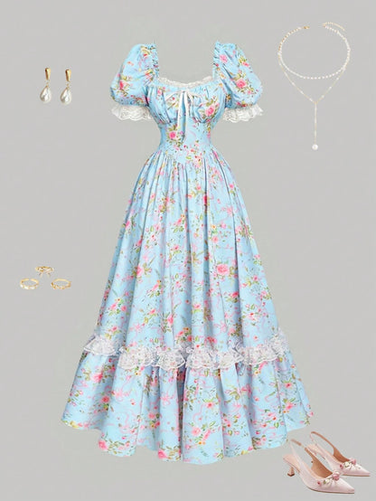 Skyraze Light Blue Floral Summer Casual Party Maxi Dress,Women Puff Sleeve Lace Ruffle Vintage Cottagecore Garden Picnic Fairycore Elegant Fashion