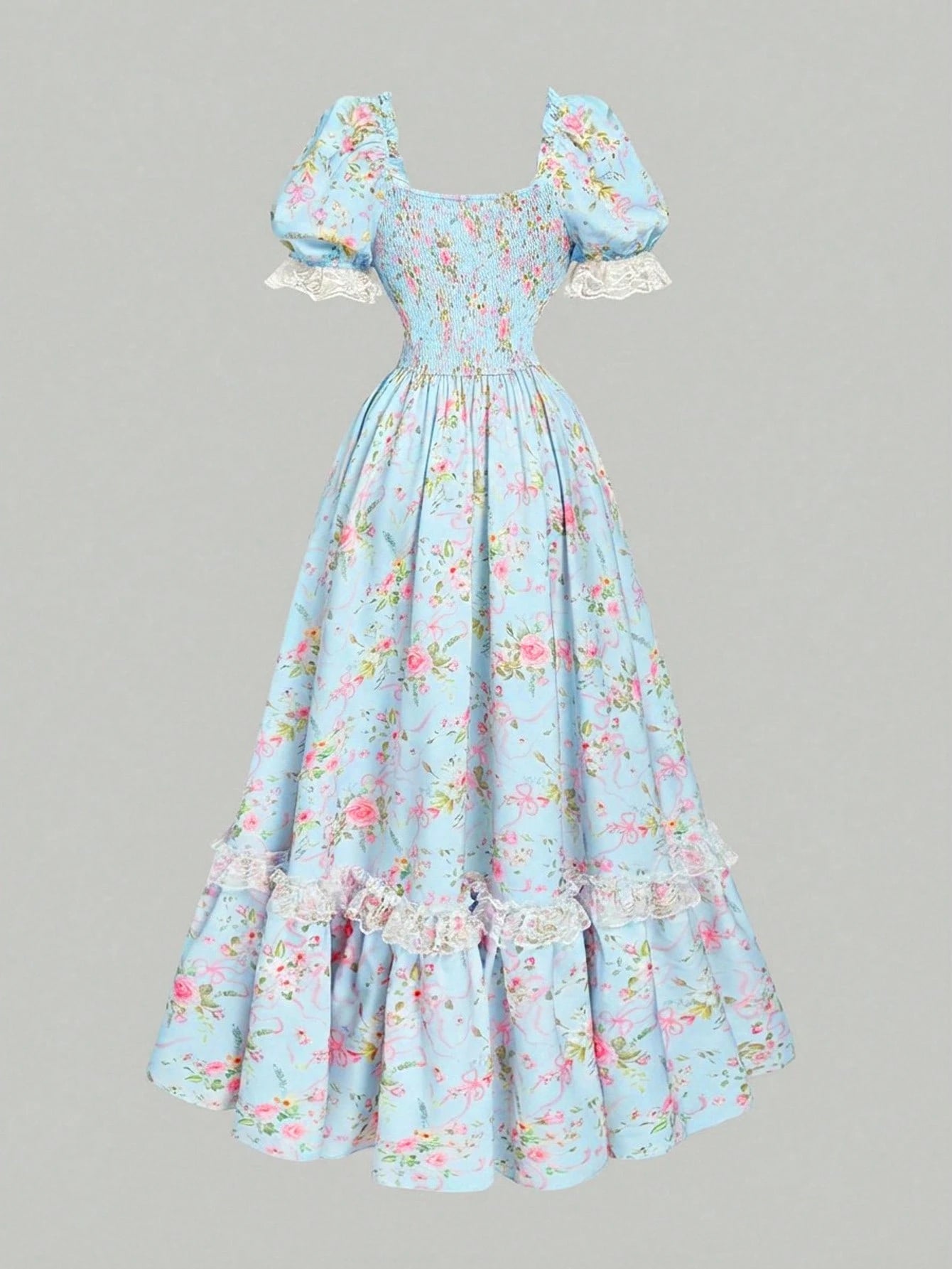 Skyraze Light Blue Floral Summer Casual Party Maxi Dress,Women Puff Sleeve Lace Ruffle Vintage Cottagecore Garden Picnic Fairycore Elegant Fashion