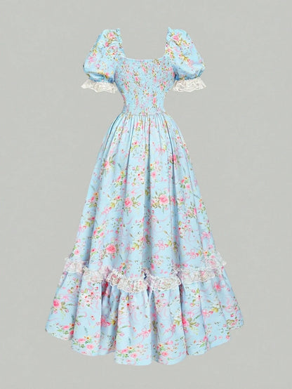 Skyraze Light Blue Floral Summer Casual Party Maxi Dress,Women Puff Sleeve Lace Ruffle Vintage Cottagecore Garden Picnic Fairycore Elegant Fashion