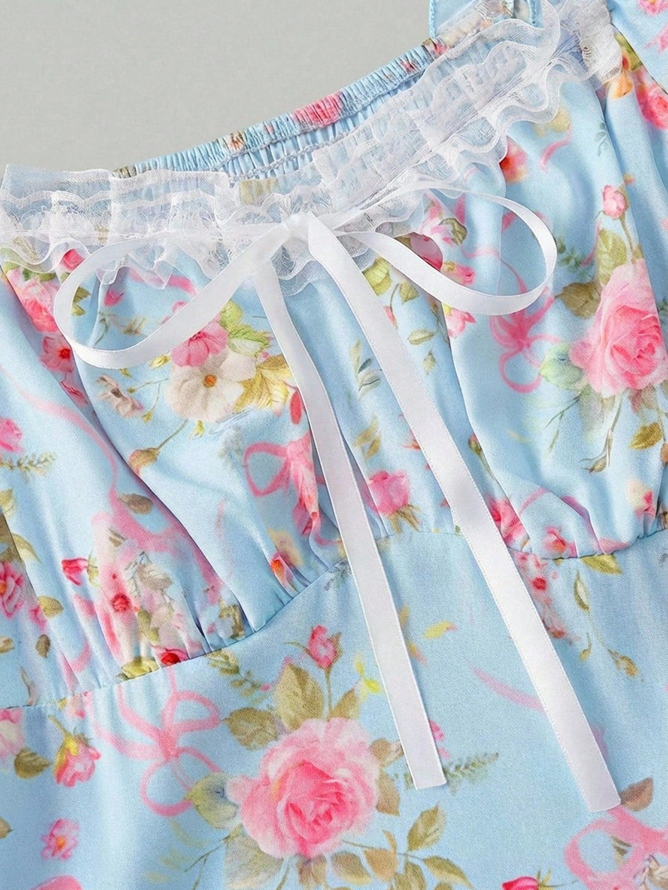 Skyraze Light Blue Floral Summer Casual Party Maxi Dress,Women Puff Sleeve Lace Ruffle Vintage Cottagecore Garden Picnic Fairycore Elegant Fashion