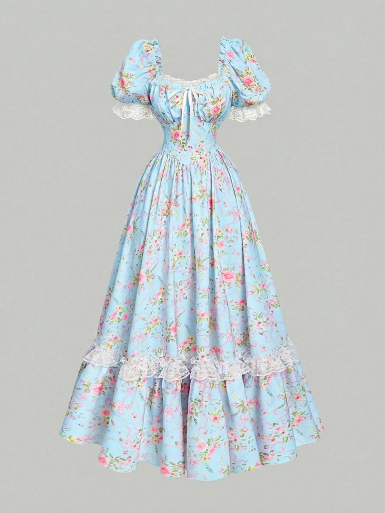 Skyraze Light Blue Floral Summer Casual Party Maxi Dress,Women Puff Sleeve Lace Ruffle Vintage Cottagecore Garden Picnic Fairycore Elegant Fashion