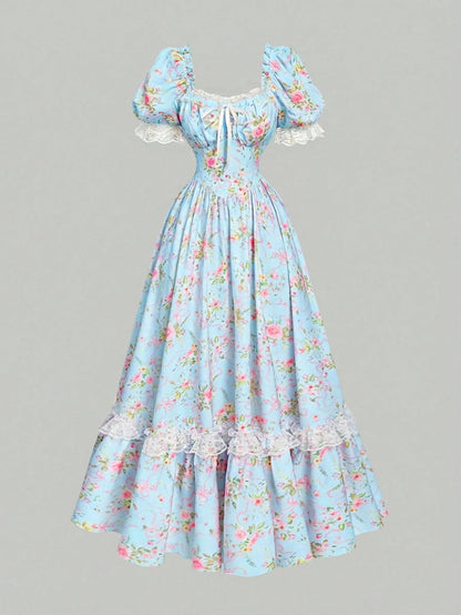 Skyraze Light Blue Floral Summer Casual Party Maxi Dress,Women Puff Sleeve Lace Ruffle Vintage Cottagecore Garden Picnic Fairycore Elegant Fashion