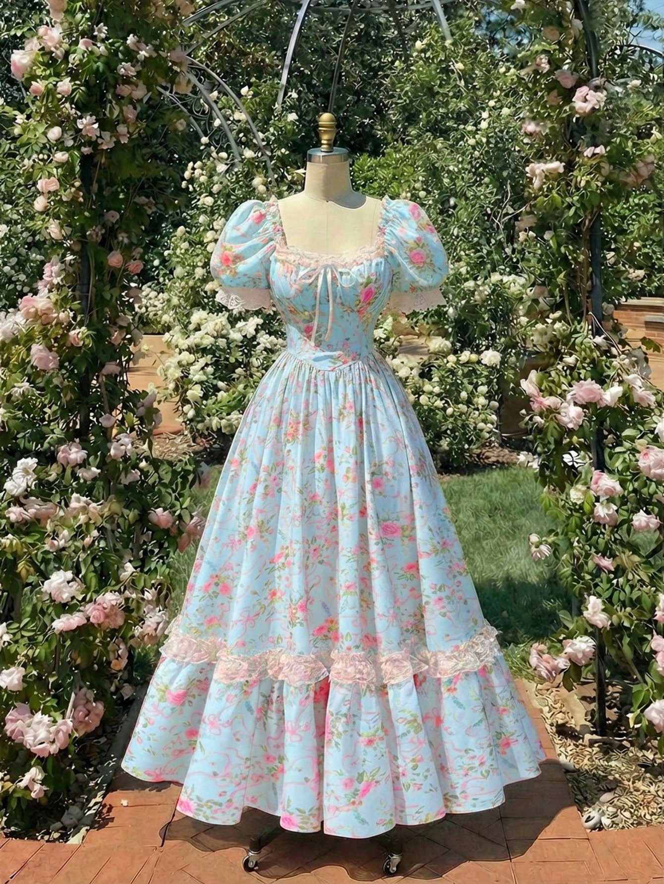 Skyraze Light Blue Floral Summer Casual Party Maxi Dress,Women Puff Sleeve Lace Ruffle Vintage Cottagecore Garden Picnic Fairycore Elegant Fashion