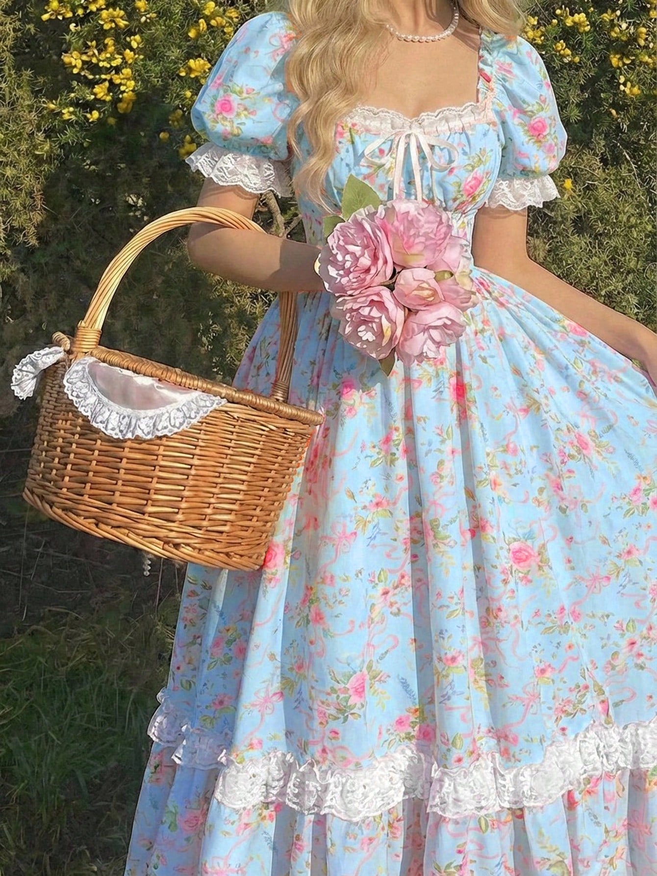 Skyraze Light Blue Floral Summer Casual Party Maxi Dress,Women Puff Sleeve Lace Ruffle Vintage Cottagecore Garden Picnic Fairycore Elegant Fashion