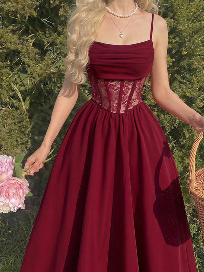 Skyraze Ruffled Lace Waistband Vintage Elegant Spaghetti Strap Burgundy Midi Dress Date Night Summer,Women Festival Outfits,Party,Dresses For Holiday