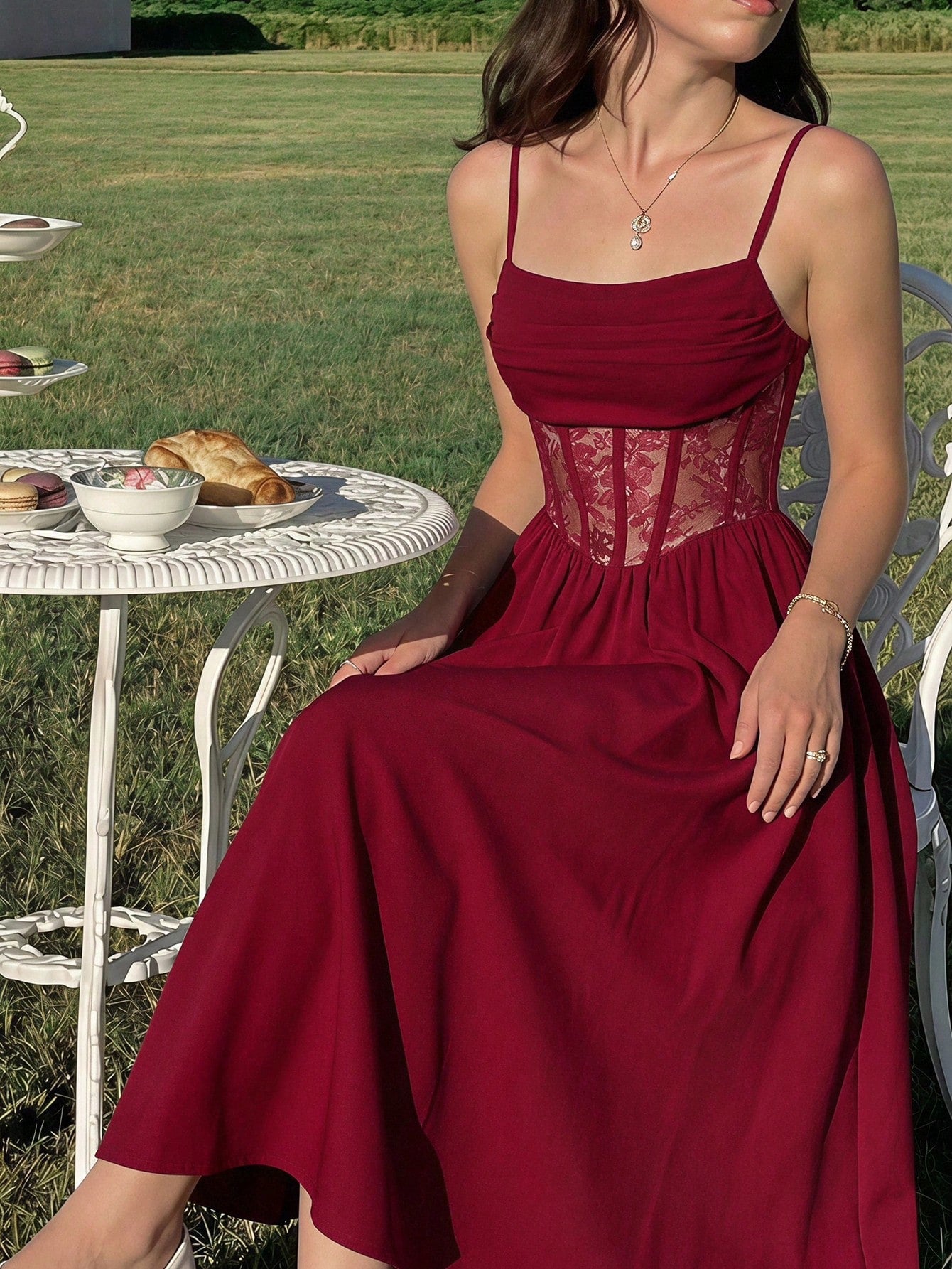 Skyraze Ruffled Lace Waistband Vintage Elegant Spaghetti Strap Burgundy Midi Dress Date Night Summer,Women Festival Outfits,Party,Dresses For Holiday