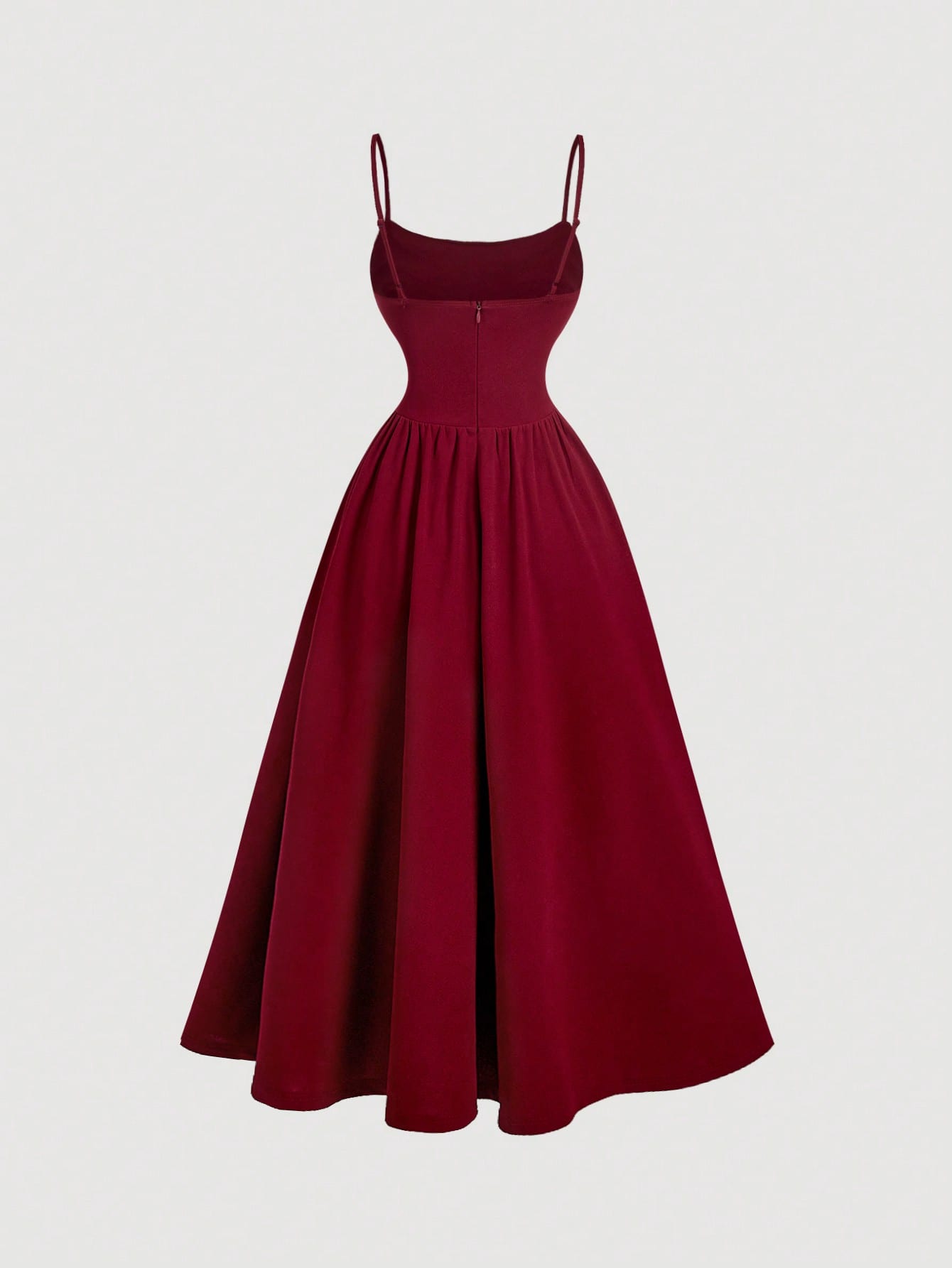 Skyraze Ruffled Lace Waistband Vintage Elegant Spaghetti Strap Burgundy Midi Dress Date Night Summer,Women Festival Outfits,Party,Dresses For Holiday
