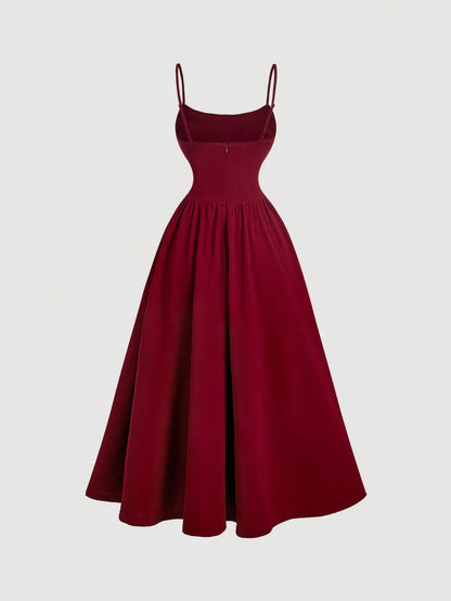 Skyraze Ruffled Lace Waistband Vintage Elegant Spaghetti Strap Burgundy Midi Dress Date Night Summer,Women Festival Outfits,Party,Dresses For Holiday