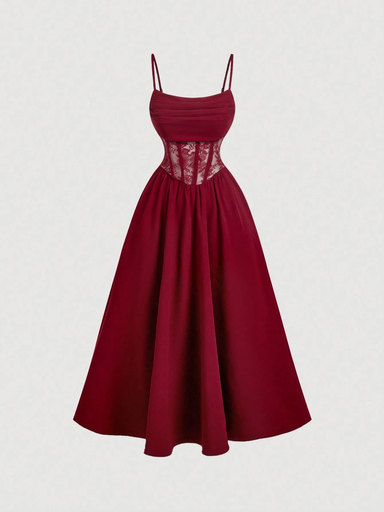 Skyraze Ruffled Lace Waistband Vintage Elegant Spaghetti Strap Burgundy Midi Dress Date Night Summer,Women Festival Outfits,Party,Dresses For Holiday