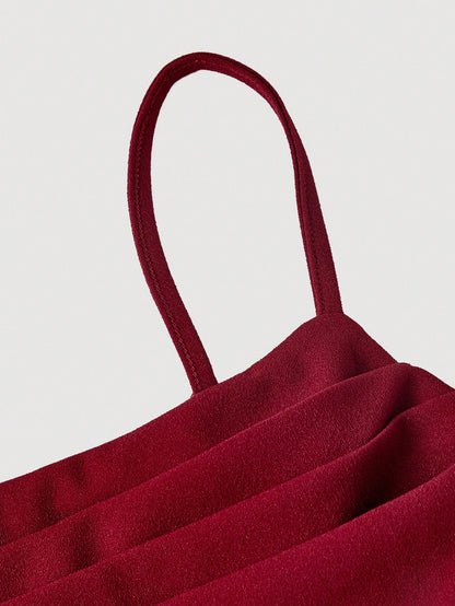 Skyraze Ruffled Lace Waistband Vintage Elegant Spaghetti Strap Burgundy Midi Dress Date Night Summer,Women Festival Outfits,Party,Dresses For Holiday