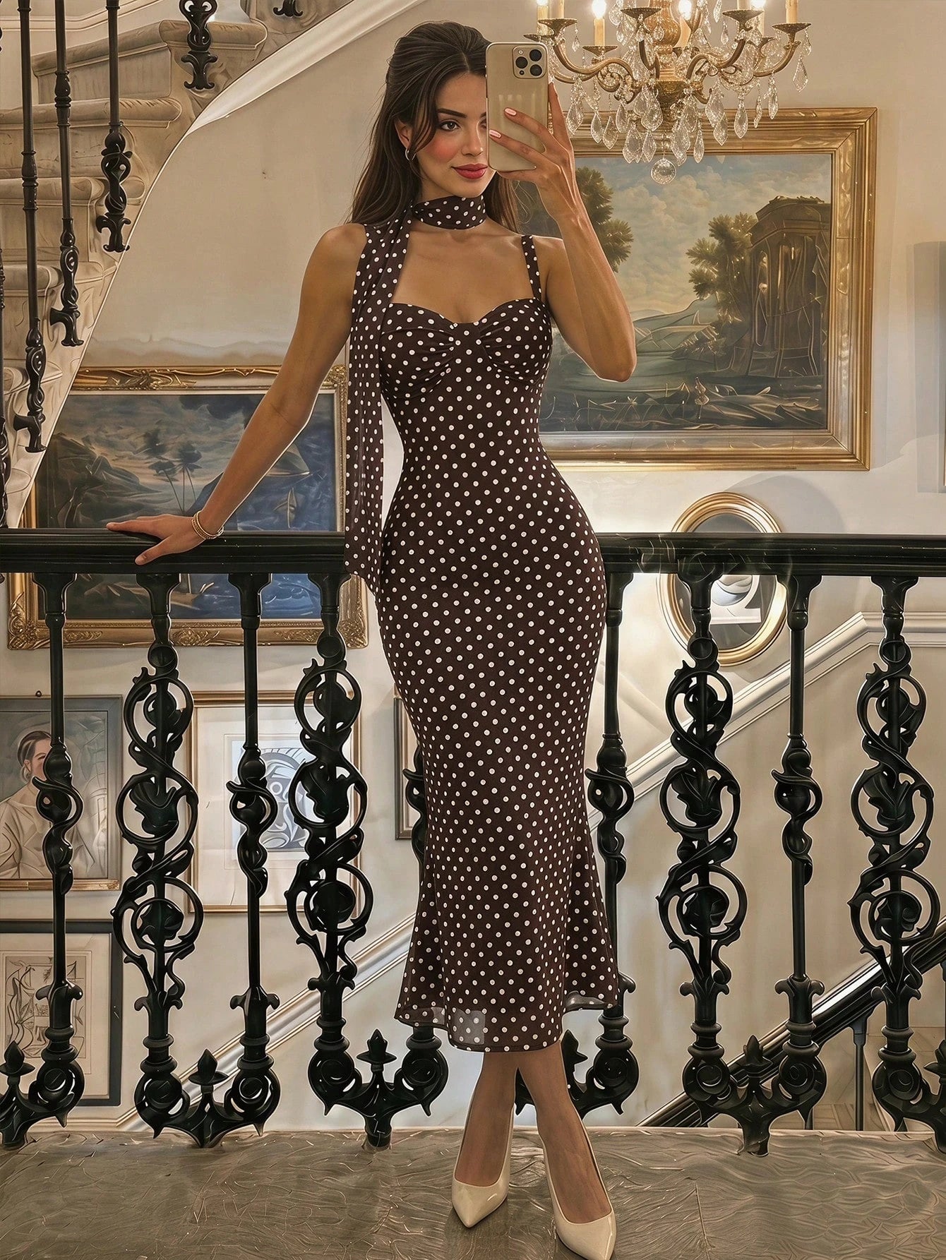 Skyraze Women's Brown And White Polka Dot Ruched Bust Mermaid Midi Dress With Sash, Summer, Vacation, Wedding Dinner Date Party, Going Out, Birthday, Prom