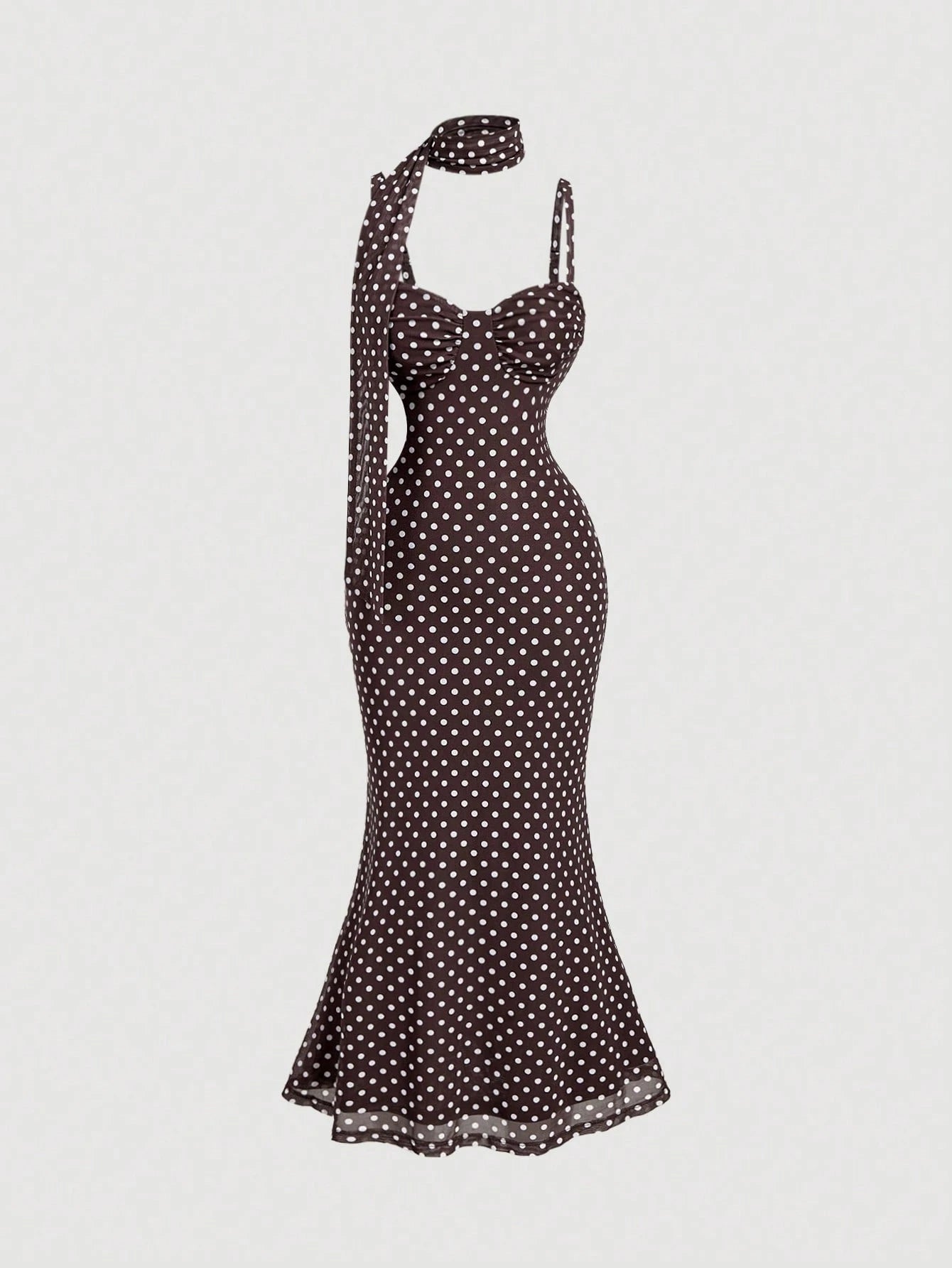 Skyraze Women's Brown And White Polka Dot Ruched Bust Mermaid Midi Dress With Sash, Summer, Vacation, Wedding Dinner Date Party, Going Out, Birthday, Prom