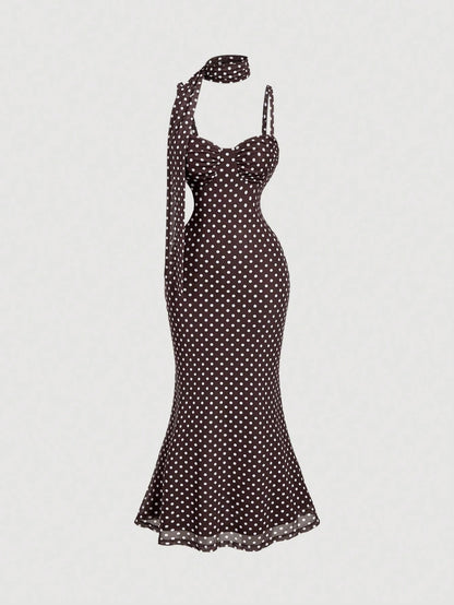 Skyraze Women's Brown And White Polka Dot Ruched Bust Mermaid Midi Dress With Sash, Summer, Vacation, Wedding Dinner Date Party, Going Out, Birthday, Prom