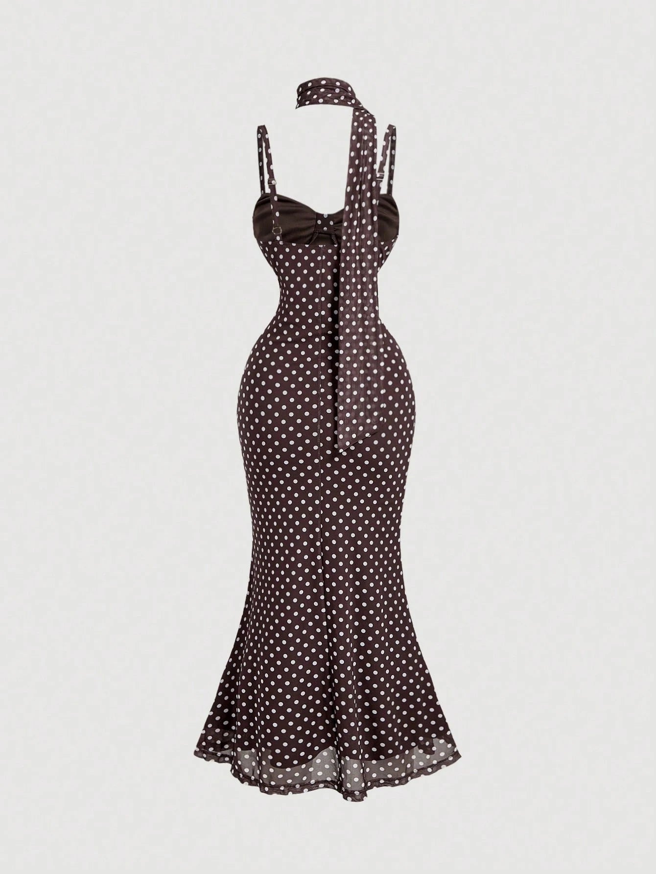 Skyraze Women's Brown And White Polka Dot Ruched Bust Mermaid Midi Dress With Sash, Summer, Vacation, Wedding Dinner Date Party, Going Out, Birthday, Prom