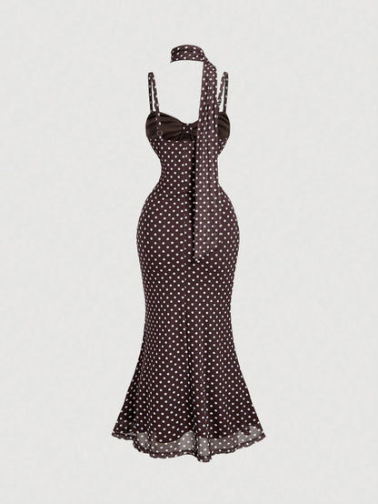 Skyraze Women's Brown And White Polka Dot Ruched Bust Mermaid Midi Dress With Sash, Summer, Vacation, Wedding Dinner Date Party, Going Out, Birthday, Prom