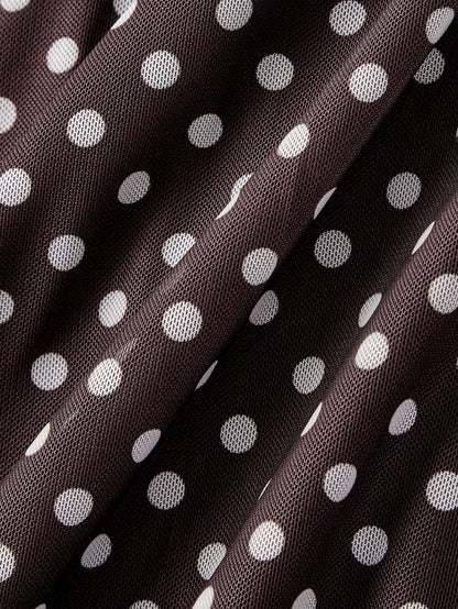 Skyraze Women's Brown And White Polka Dot Ruched Bust Mermaid Midi Dress With Sash, Summer, Vacation, Wedding Dinner Date Party, Going Out, Birthday, Prom