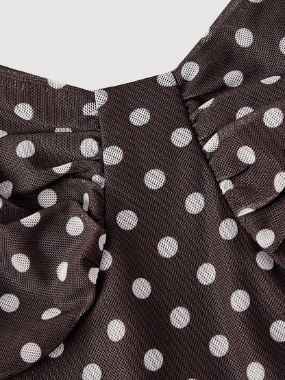 Skyraze Women's Brown And White Polka Dot Ruched Bust Mermaid Midi Dress With Sash, Summer, Vacation, Wedding Dinner Date Party, Going Out, Birthday, Prom