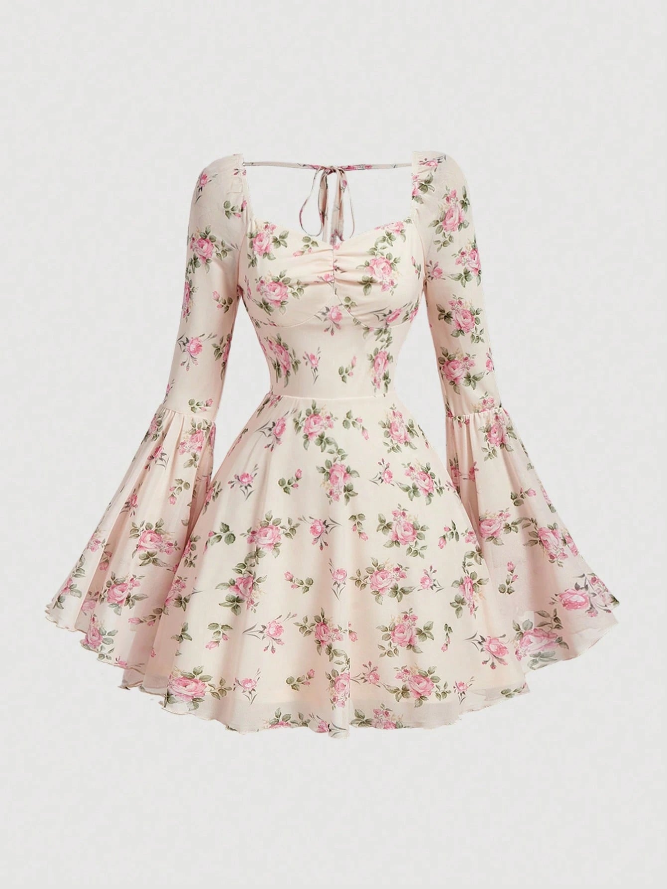 Skyraze Women's Floral Print Flare Sleeve Elegant Mini Dress