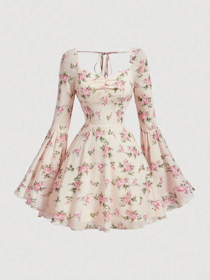 Skyraze Women's Floral Print Flare Sleeve Elegant Mini Dress