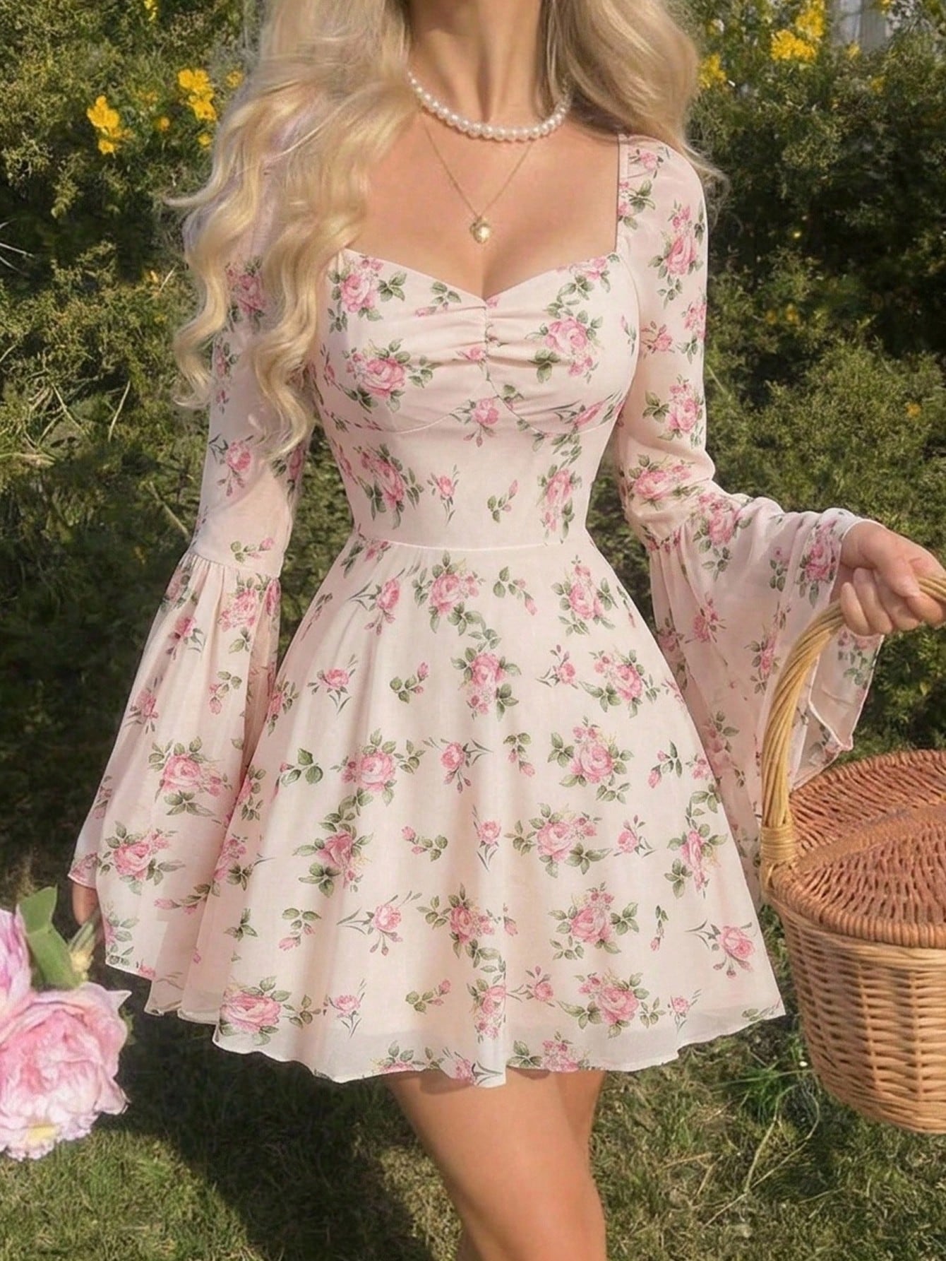 Skyraze Women's Floral Print Flare Sleeve Elegant Mini Dress