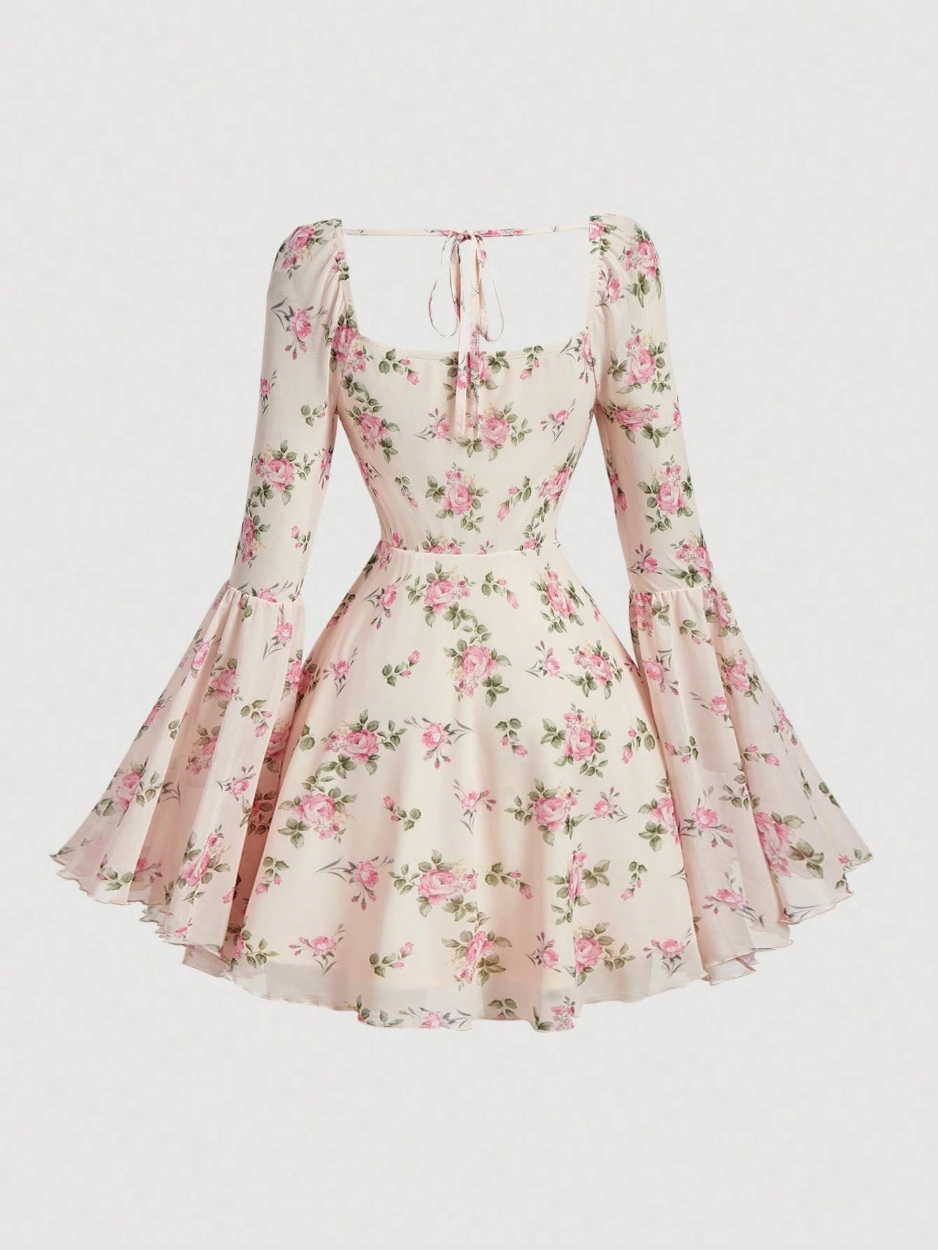 Skyraze Women's Floral Print Flare Sleeve Elegant Mini Dress
