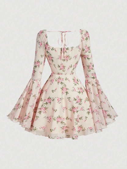 Skyraze Women's Floral Print Flare Sleeve Elegant Mini Dress